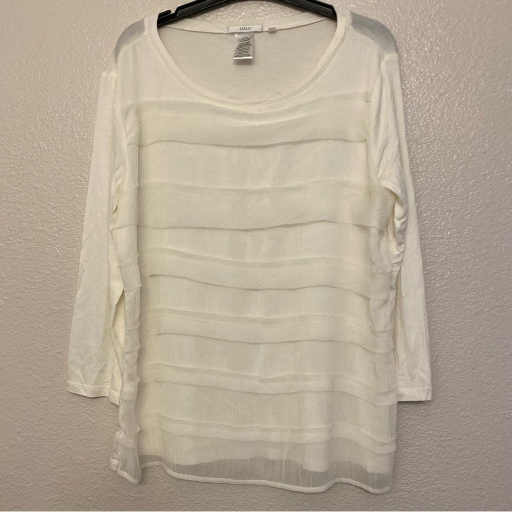 Halo Long Sleeve white semi sheer blouse top boho crew neck coastal NWT beachy M